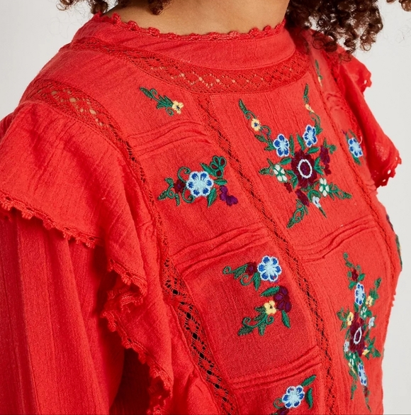 Free People Amy Red Floral Embroidered Bordado Top Medium - Picture 3 of 16